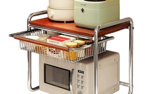 复古木纹微波炉置物架 带抽拉篮厨房台面收纳架 🧺源头工厂直供 |