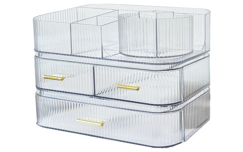 ✨ 轻奢风透明化妆品收纳盒 | 三层大容量带抽屉 桌面整理神器